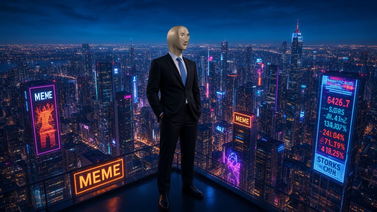 Full-body Meme Man standing on a rooftop above a neon city