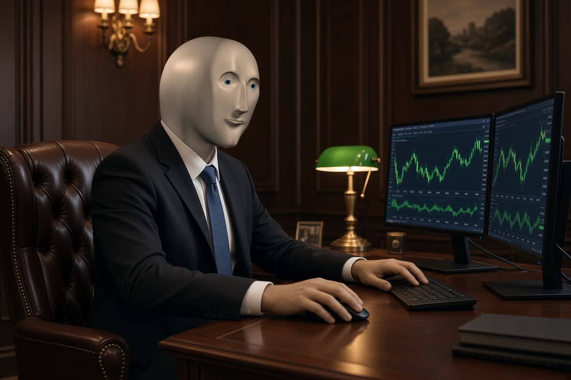 Meme Man sitting at a wooden desk with trading screens